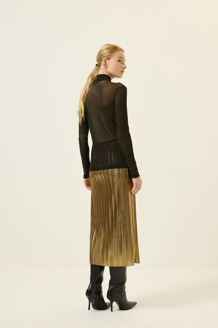 Blusa tule gola alta lurex preto  com dourado