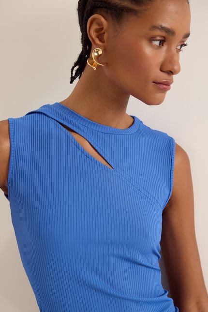 Vestido canelado premium vazado azul topazio