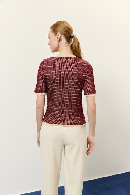 Blusa tricot mc jacquard vinho tango com bege opera