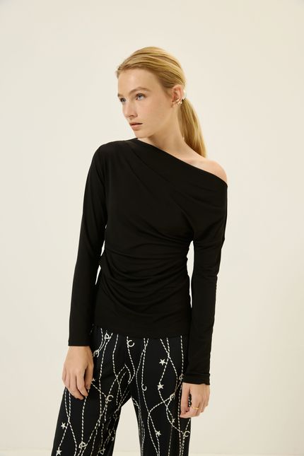 blusa ombro prega jersey preto