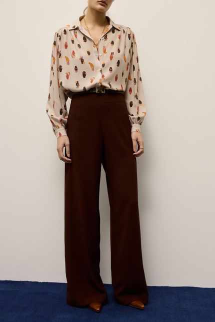 calça crepe pantalona marrom madeira