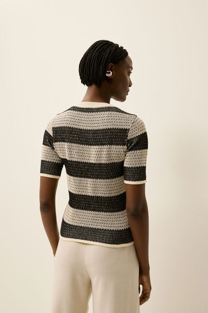 Blusa tricot mc jacquard listra off white com preto