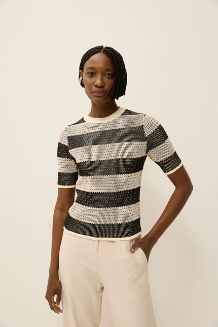 Blusa tricot mc jacquard listra off white com preto