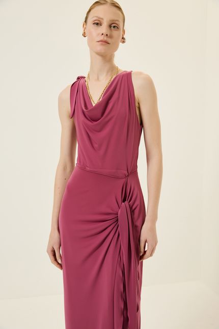 Vestido festa longo amarração rosa mambo