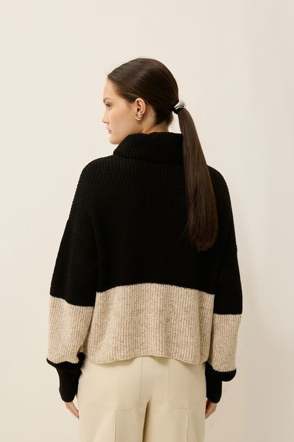 Blusa tricot ml gola listra preto com bege natural
