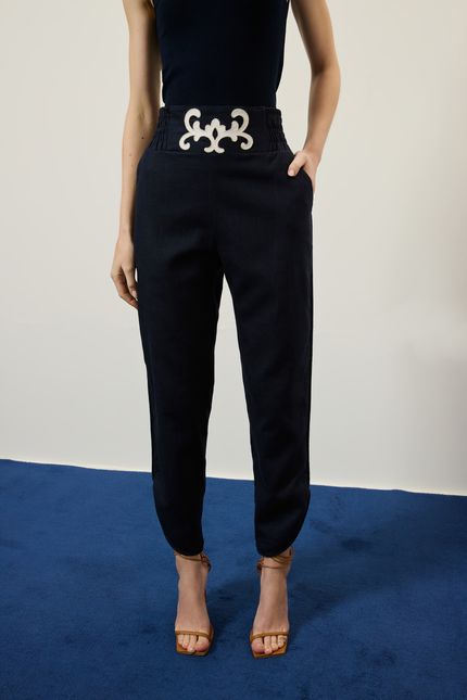 Calça rami cós bordado azul rock