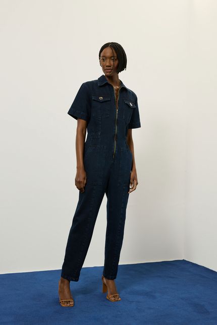 Macacão jeans zíper jeans