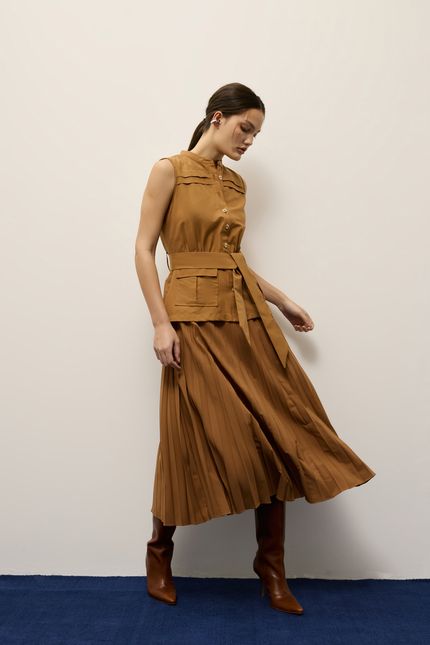 Vestido saia plissada caramelo viola