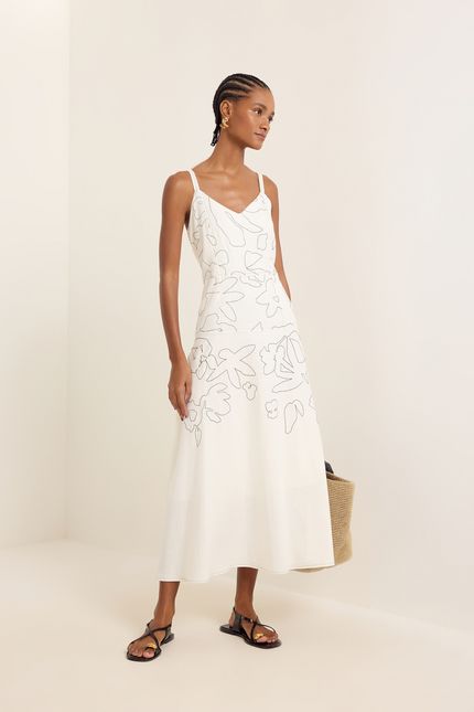 Vestido linho bordado botânica off white