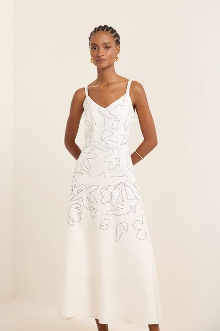Vestido linho bordado botânica off white