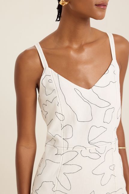 Vestido linho bordado botânica off white
