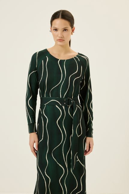 Vestido midi cinto instrumentos instrumentos verde jazz