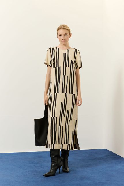 Vestido manga partituras preto com bege