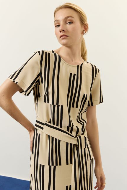 Vestido manga partituras preto com bege