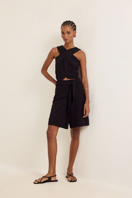 Blusa decote cruzado crepe malha preto