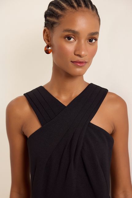 Blusa decote cruzado crepe malha preto