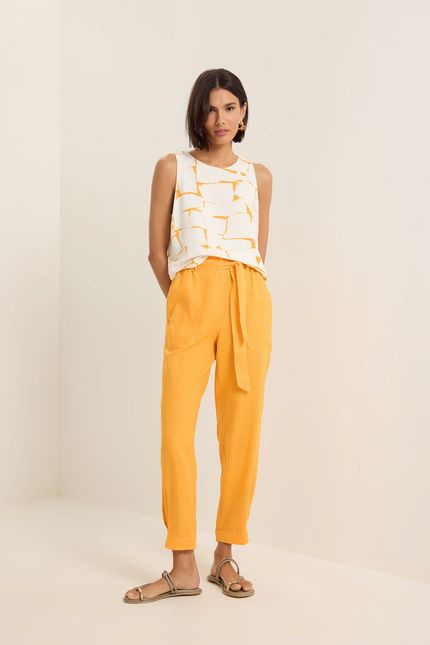 Calça cambraia elástico cós amarelo ouro