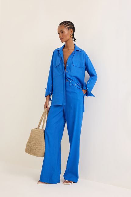 Camisa linho bolsos azul topazio