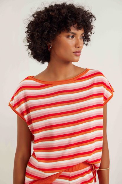 Blusa tricot listrado multi laranja suco