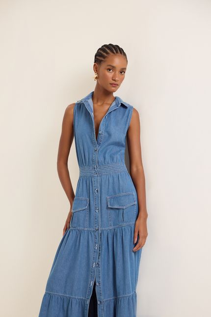 Vestido jeans longo camadas jeans