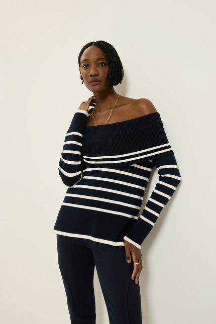 Blusa tricot ombro a ombro listras azul rock com off white