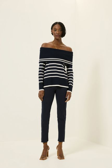 Blusa tricot ombro a ombro listras azul rock com off white