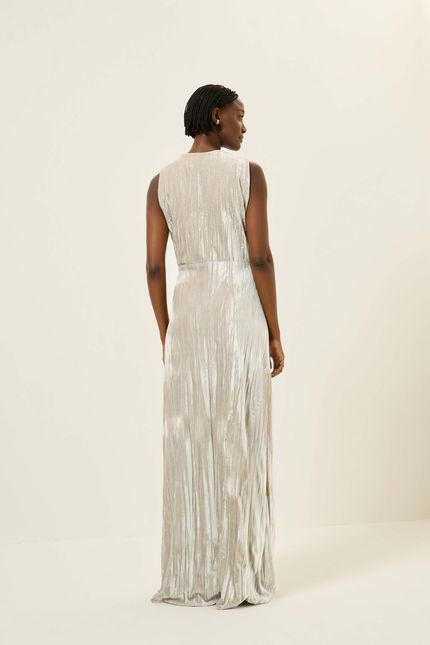 Vestido detalhe veludo plissê cinza flauta
