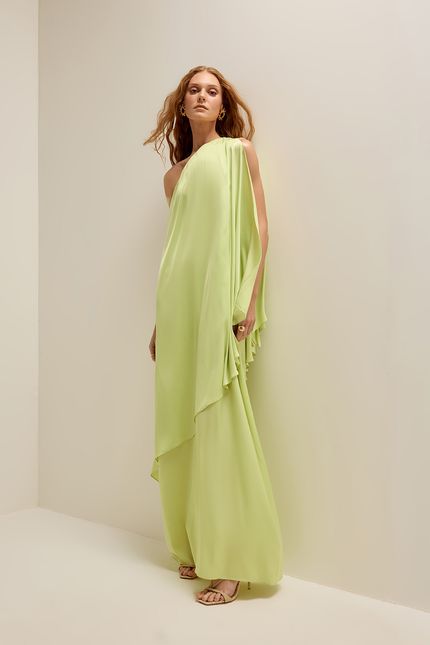 Vestido festa ombro detalhe verde cana