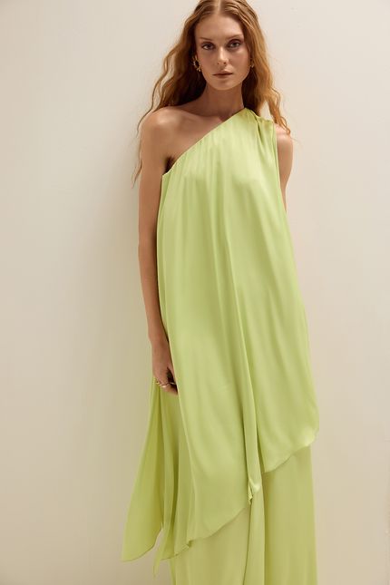 Vestido festa ombro detalhe verde cana