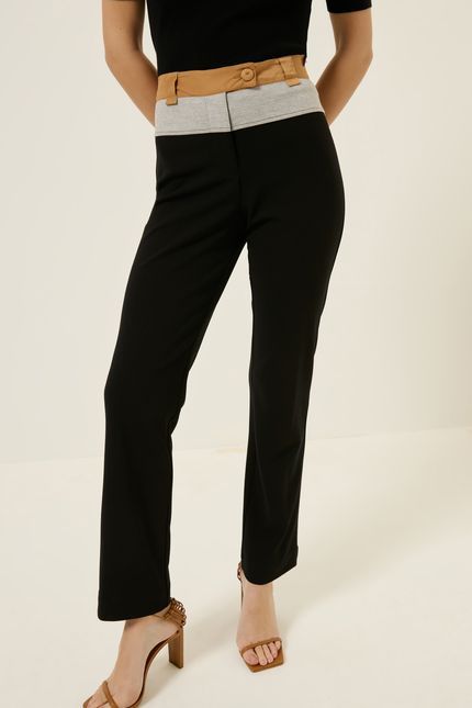 Calça detalhe cós bicolor preto com caramelo viola