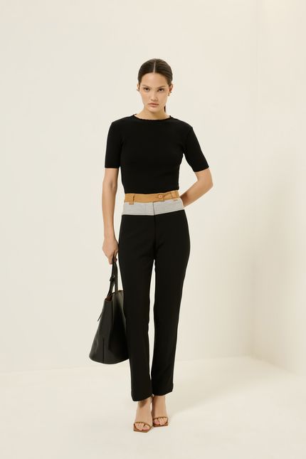 Calça detalhe cós bicolor preto com caramelo viola