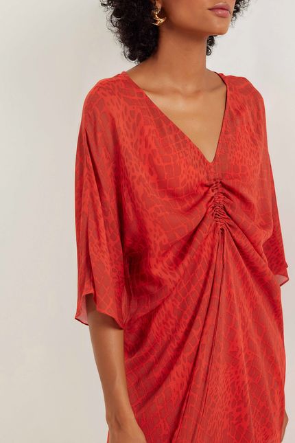 Vestido detalhe franzido lagoa lagoa vermelho paprica