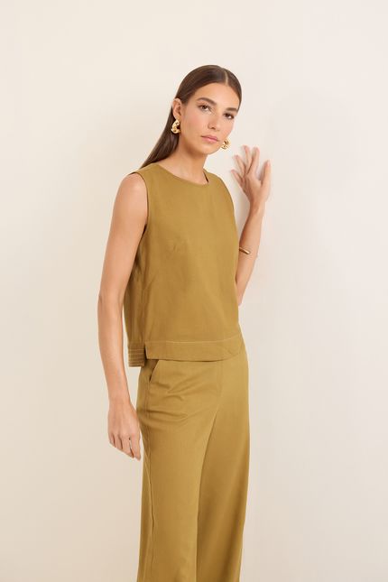 Blusa linho pesponto s/m verde cominho