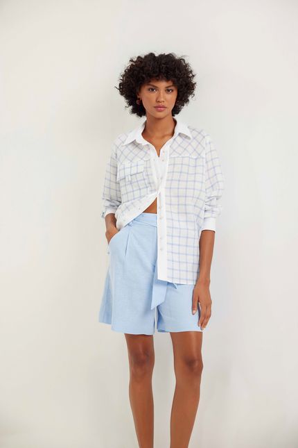 Camisa linho fio tinto xadrez azul ceu c/ off white