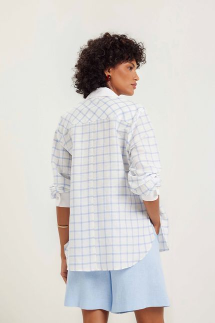 Camisa linho fio tinto xadrez azul ceu c/ off white