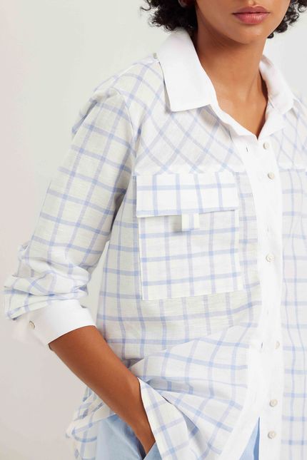 Camisa linho fio tinto xadrez azul ceu c/ off white