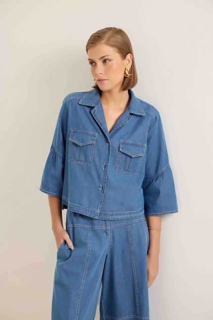 Camisa jeans cropped reto jeans