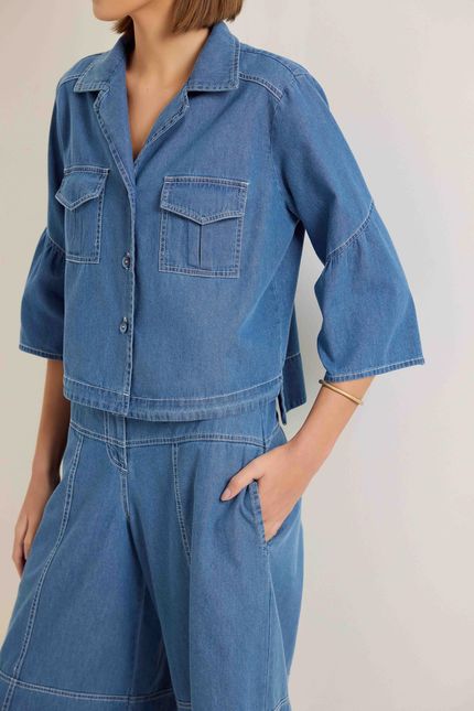 Camisa jeans cropped reto jeans