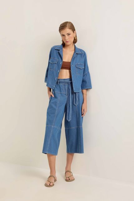 Camisa jeans cropped reto jeans