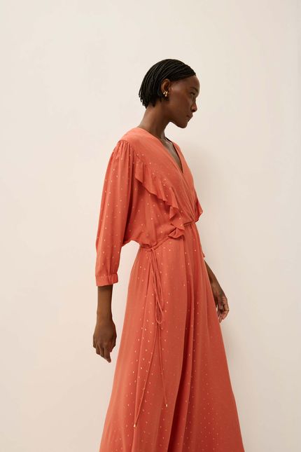 Vestido lurex poá babados laranja forro