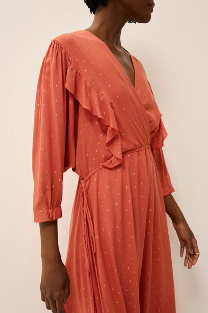 Vestido lurex poá babados laranja forro