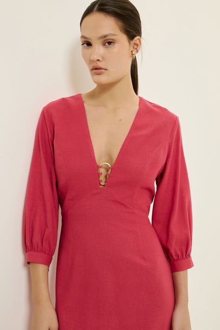 Vestido linho curto det metal rosa bolero