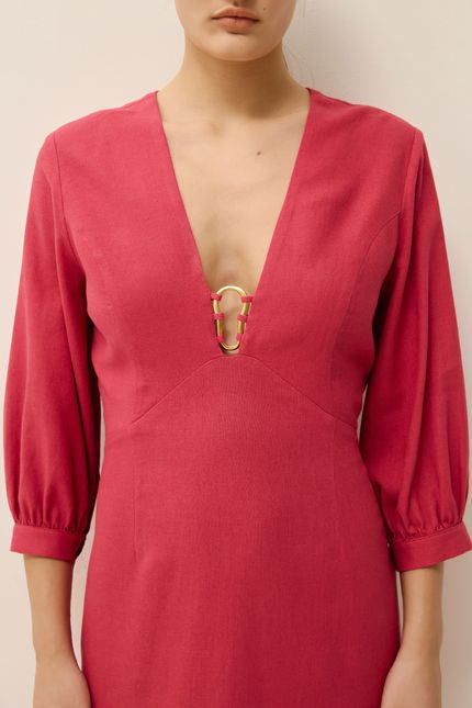 Vestido linho curto det metal rosa bolero