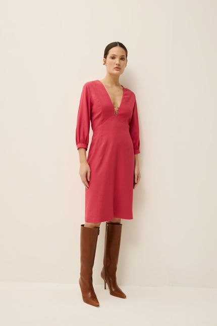 Vestido linho curto det metal rosa bolero