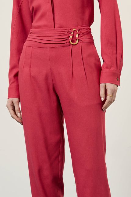 Calça linho cós det metal rosa bolero