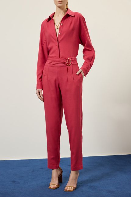 Calça linho cós det metal rosa bolero