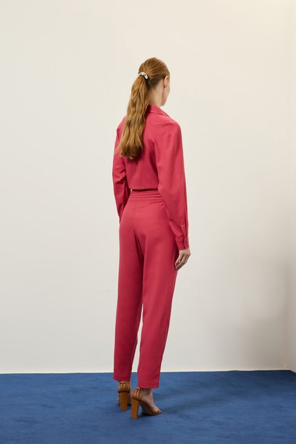 Calça linho cós det metal rosa bolero
