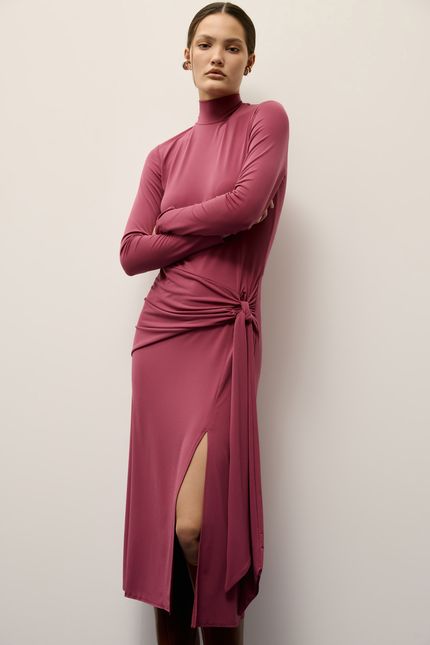 Vestido midi gola amarração rosa mambo