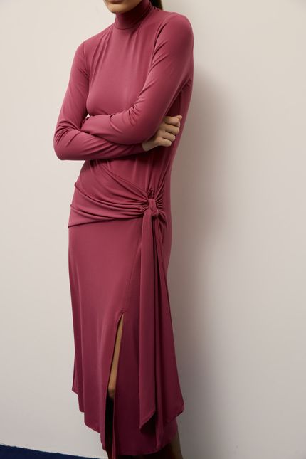 Vestido midi gola amarração rosa mambo