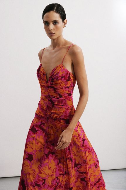 Vestido longo festa hibisco vinho urucum